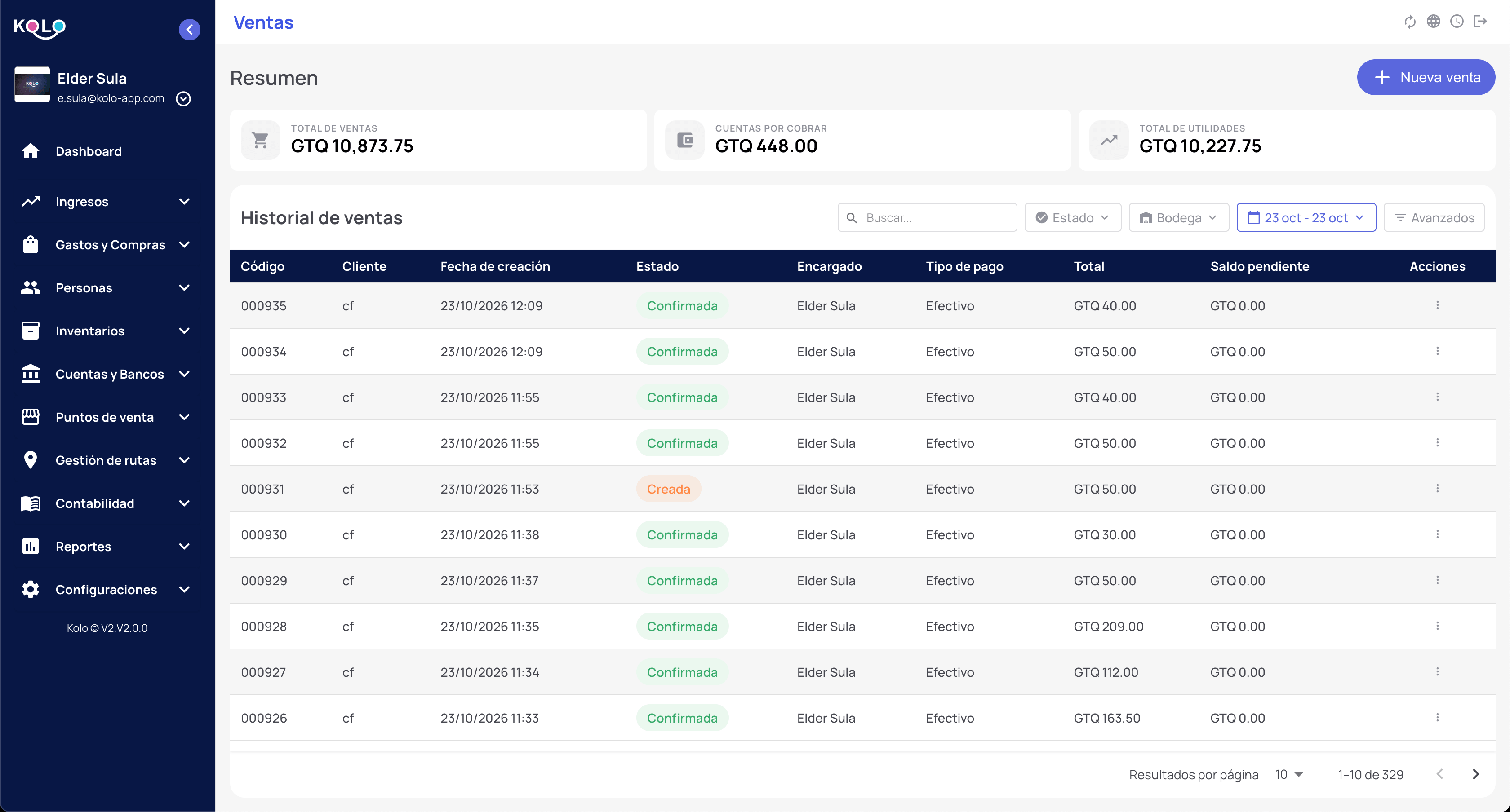 Historial y resumen de ventas