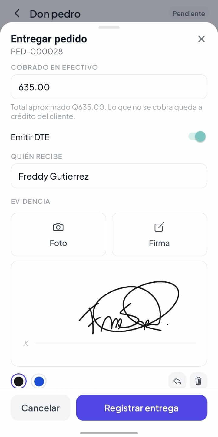 Tribu GO · Entrega con cobro, DTE y firma