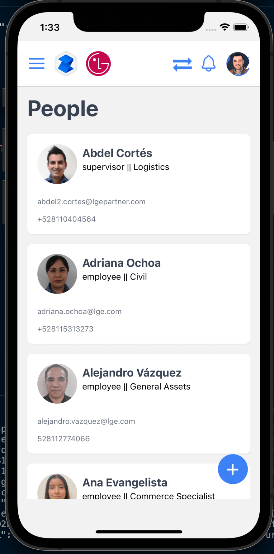 App móvil · Directorio del equipo